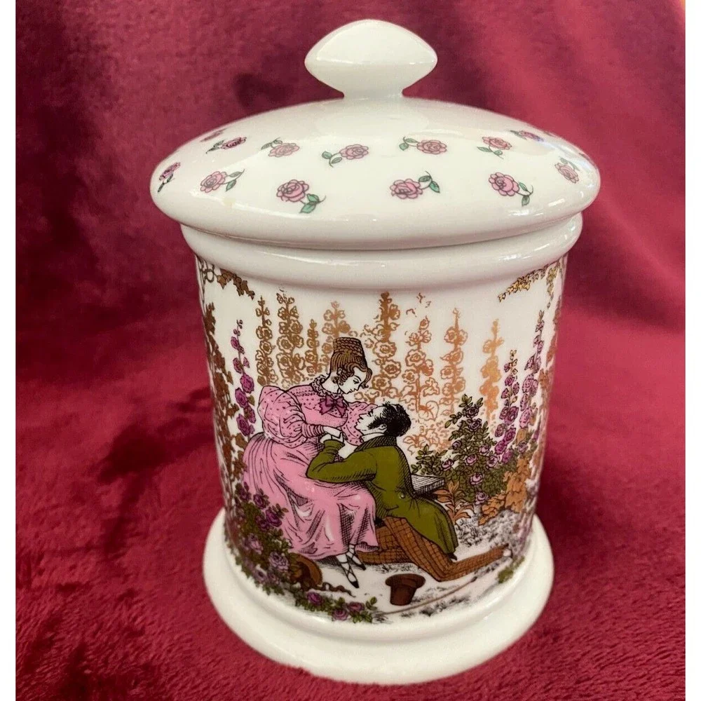 Vintage Porcelain Courting Couple Floral Cotton Ball Vanity Jar West Germany